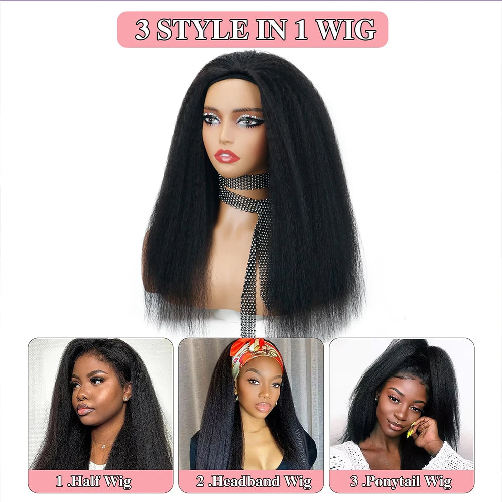 Kinky Straight 3 IN1 Half Wigs Human Hair Pull & Go Real Glueless Half Wigs Human Hair Curly 36 Inches Half Wigs Human Hair