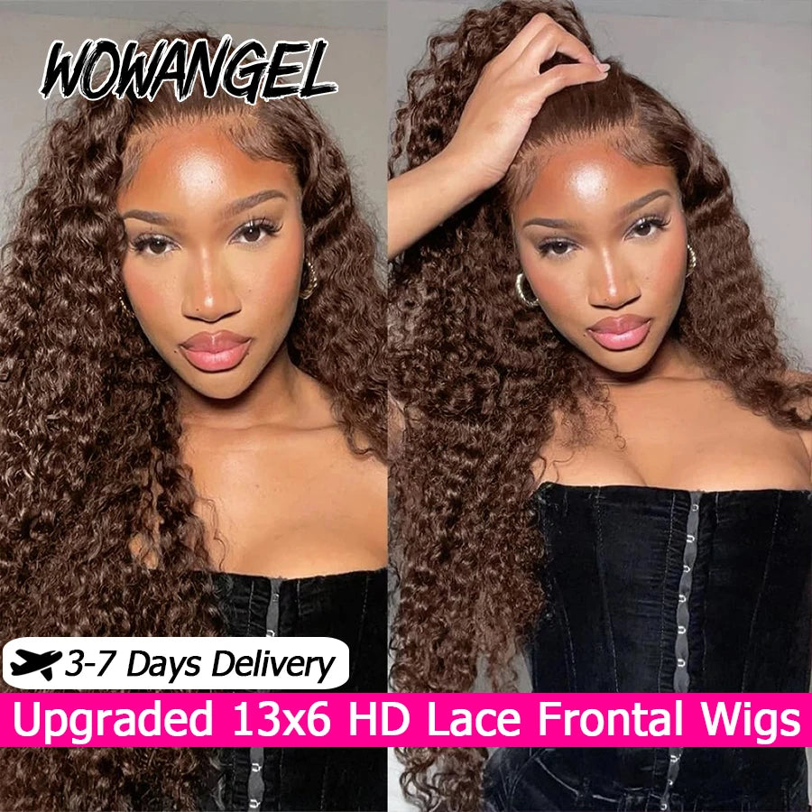 250% Chocolate Brown 4# Curly Lace Front Wig Water Wave 13x6 HD Lace Frontal Wig Human Hair Pre Plucked Glueless Wig For Women