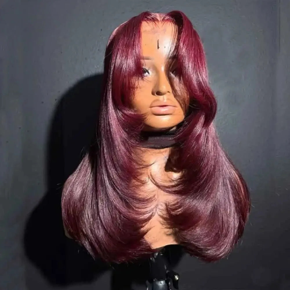 Burgundy Red Bone Straight Layered Cut Lace Front Wig 13x4 HD Lace Frontal Wig Synthetic Glueless Preplucked Ready To Wear