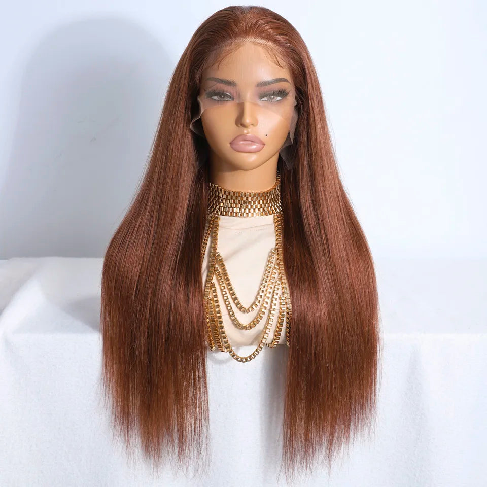 Lekker Clearance Brown Long Straight Lace Frontal Human Hair Wigs For Women Brazilian Remy Hair Pre Plucked Free Part 30" Wigs