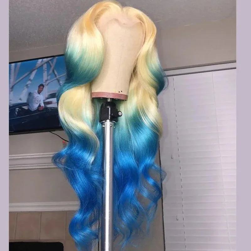 Blue Highlight Ombre Blonde Wig Body Wave Lace Frontal Wigs 13X4 HD Lace Wig Synthetic High Quality Pre Plucked Daily Cosplay