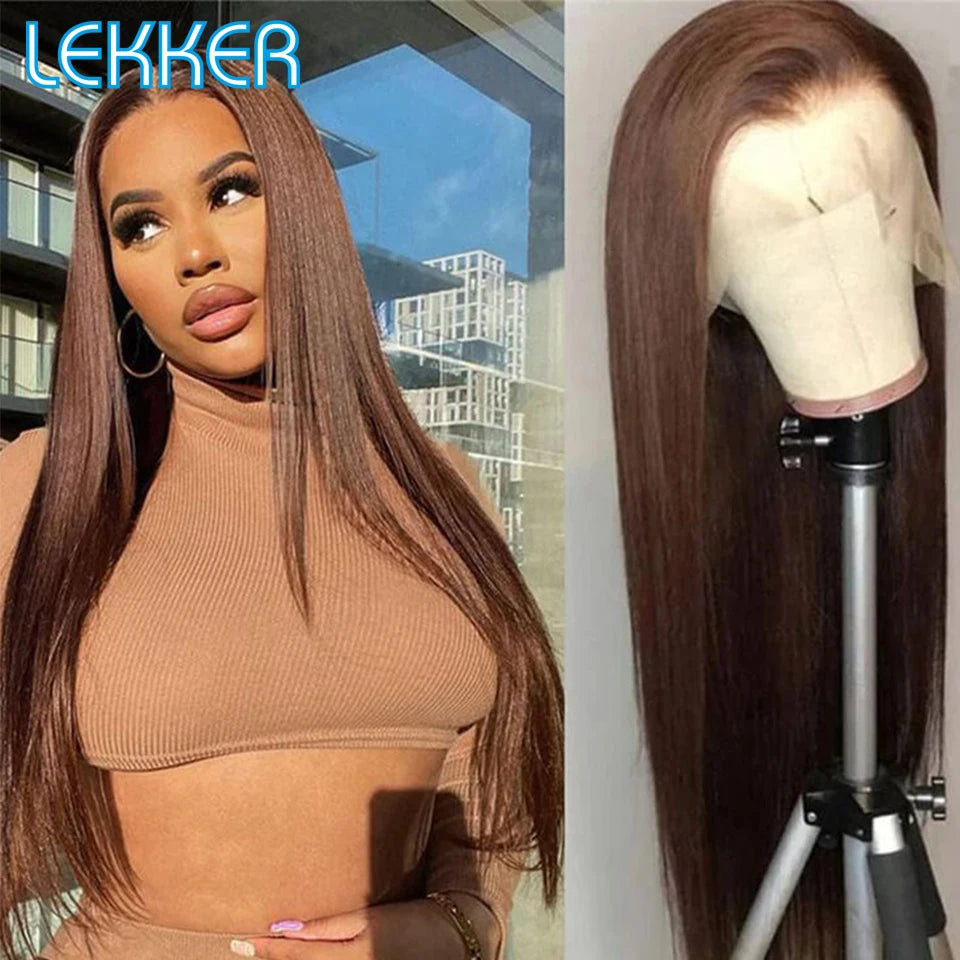 Lekker Clearance Brown Long Straight Lace Frontal Human Hair Wigs For Women Brazilian Remy Hair Pre Plucked Free Part 30" Wigs