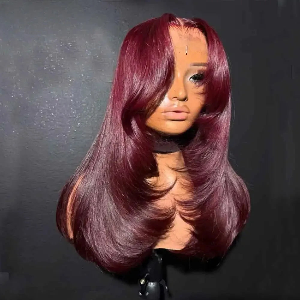 Burgundy Red Bone Straight Layered Cut Lace Front Wig 13x4 HD Lace Frontal Wig Synthetic Glueless Preplucked Ready To Wear