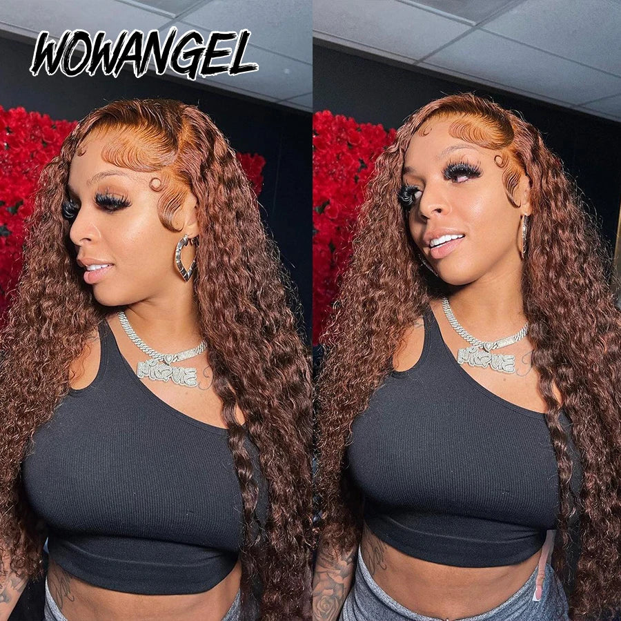 250% Chocolate Brown 4# Curly Lace Front Wig Water Wave 13x6 HD Lace Frontal Wig Human Hair Pre Plucked Glueless Wig For Women