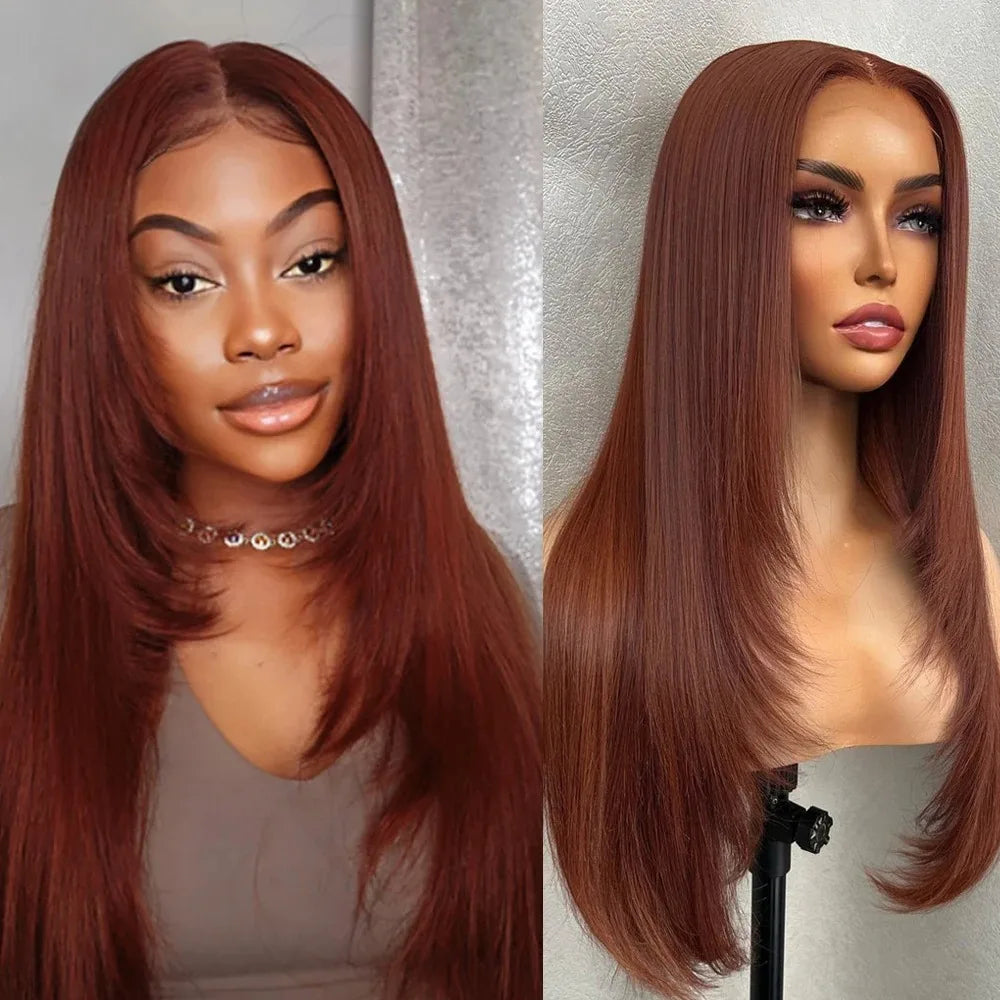 Burgundy Red Bone Straight Layered Cut Lace Front Wig 13x4 HD Lace Frontal Wig Synthetic Glueless Preplucked Ready To Wear