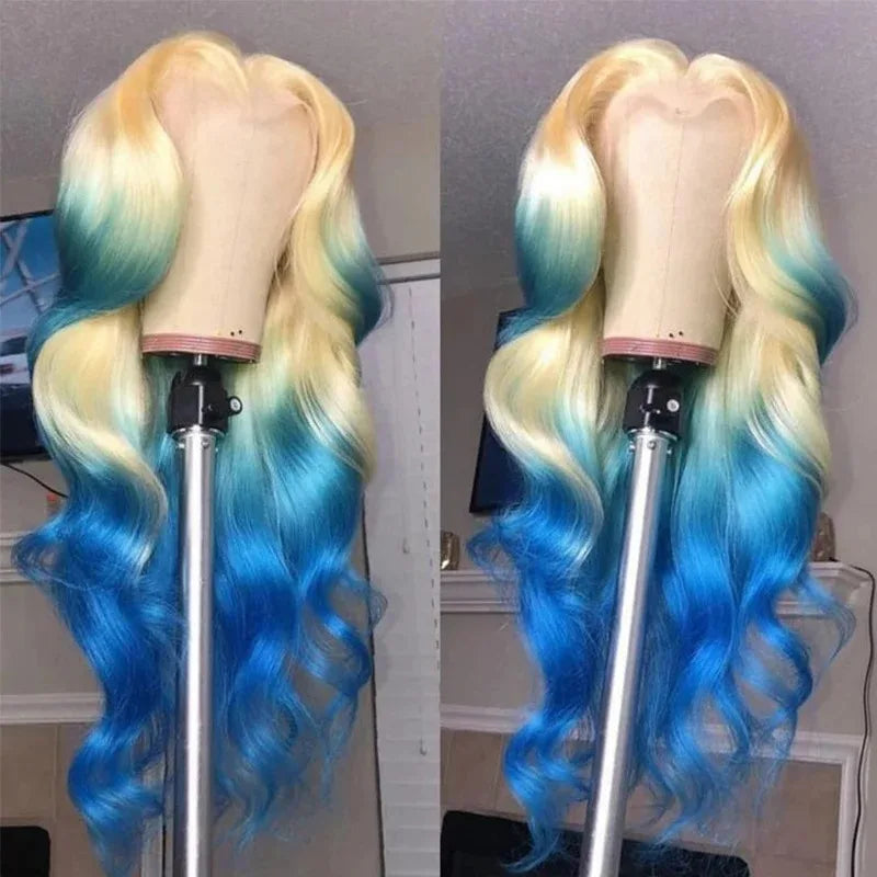 Blue Highlight Ombre Blonde Wig Body Wave Lace Frontal Wigs 13X4 HD Lace Wig Synthetic High Quality Pre Plucked Daily Cosplay