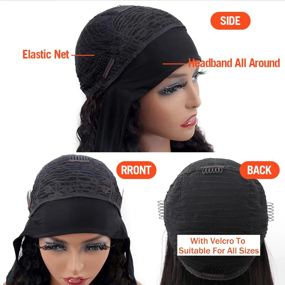 Curly Headband Wigs Human Hair Wigs For Black Women Scarf Machine Made Wig 34Inches 180% Brazilian Remy Human Hair Headband Wig