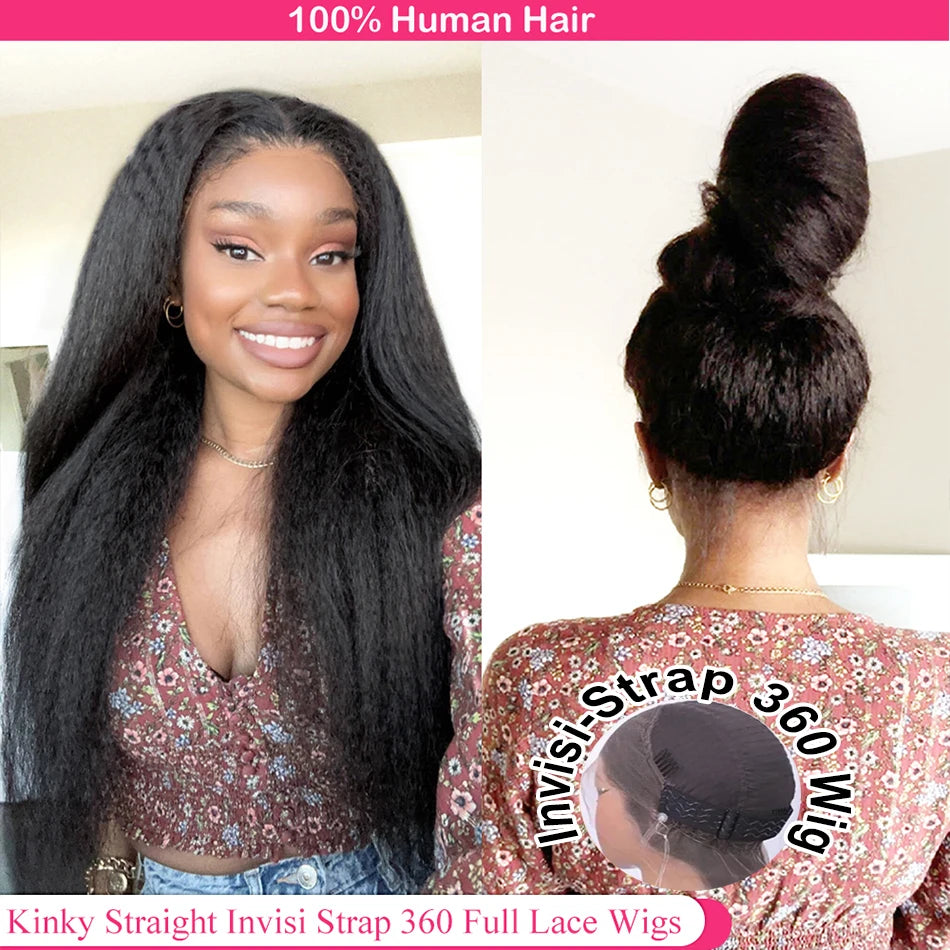 Kinky Straight Invisible Strap 360 Full Lace Glueless Wig Human Hair Pre Cut HD 360 Lace Front Wig Human Hair Wigs Preplucked