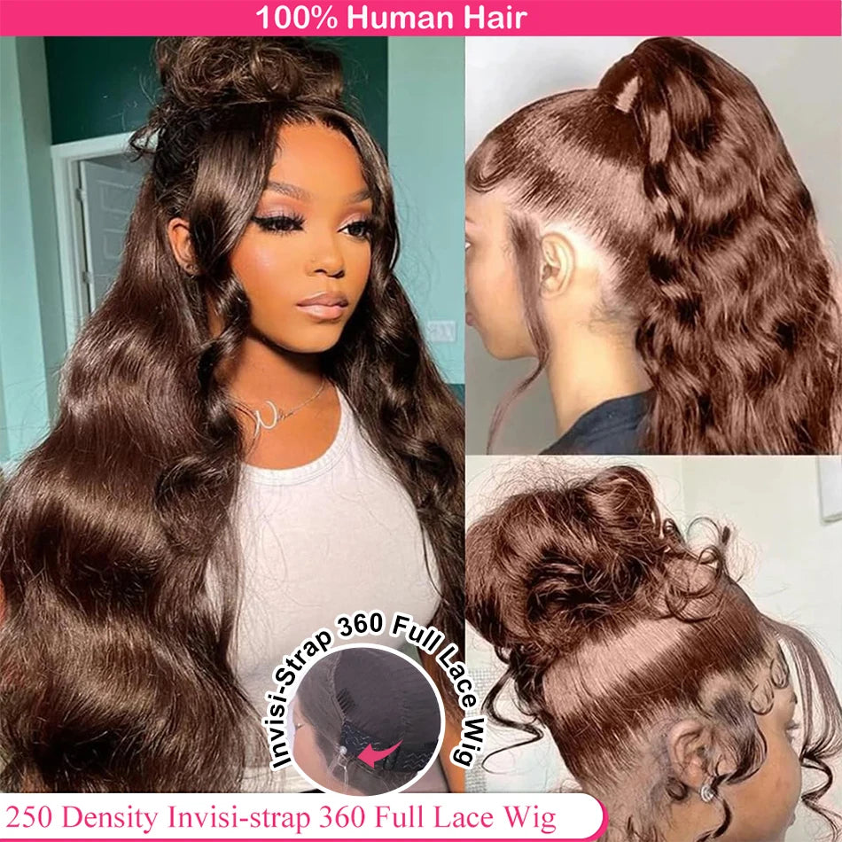 Brown HD Invisi-Strap 360 Full Lace Wig Pre Plucked Chocolate Brown 250 Density Body Wave 360 Lace Frontal Wigs For Black Women