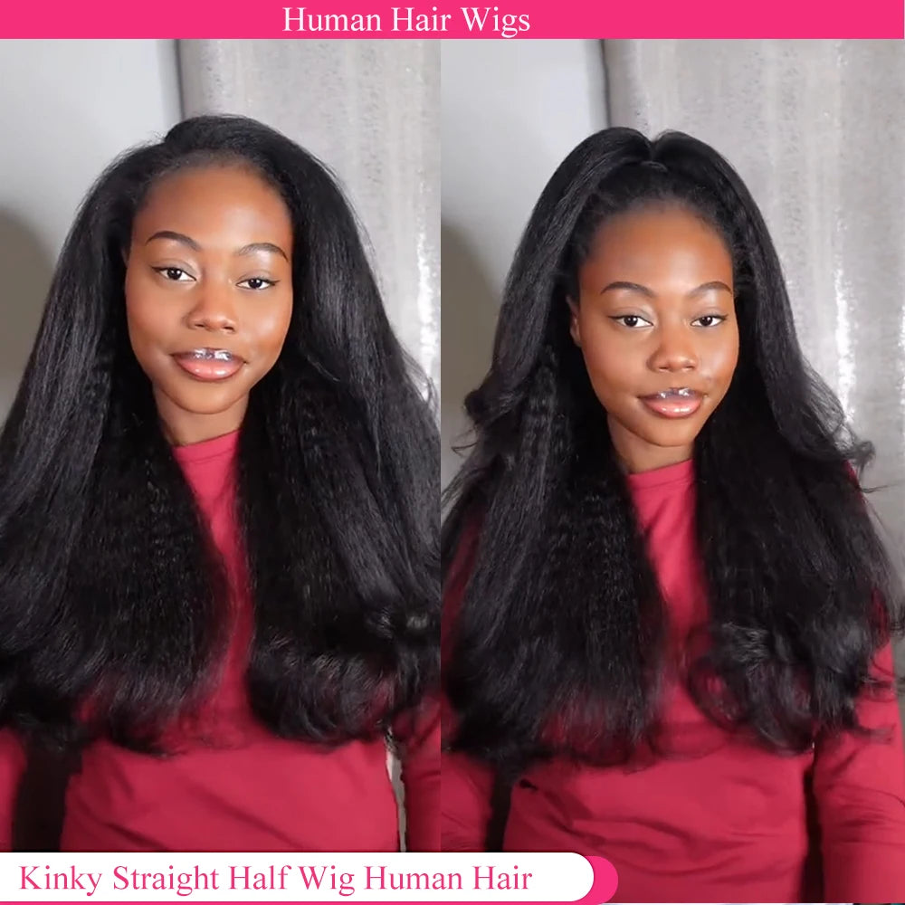 Kinky Straight Half Wig Human Hair Glueless Wig Human Hair Ready to Wear 3 IN 1 Half Wig With Drawstring 250 Density Half Wig