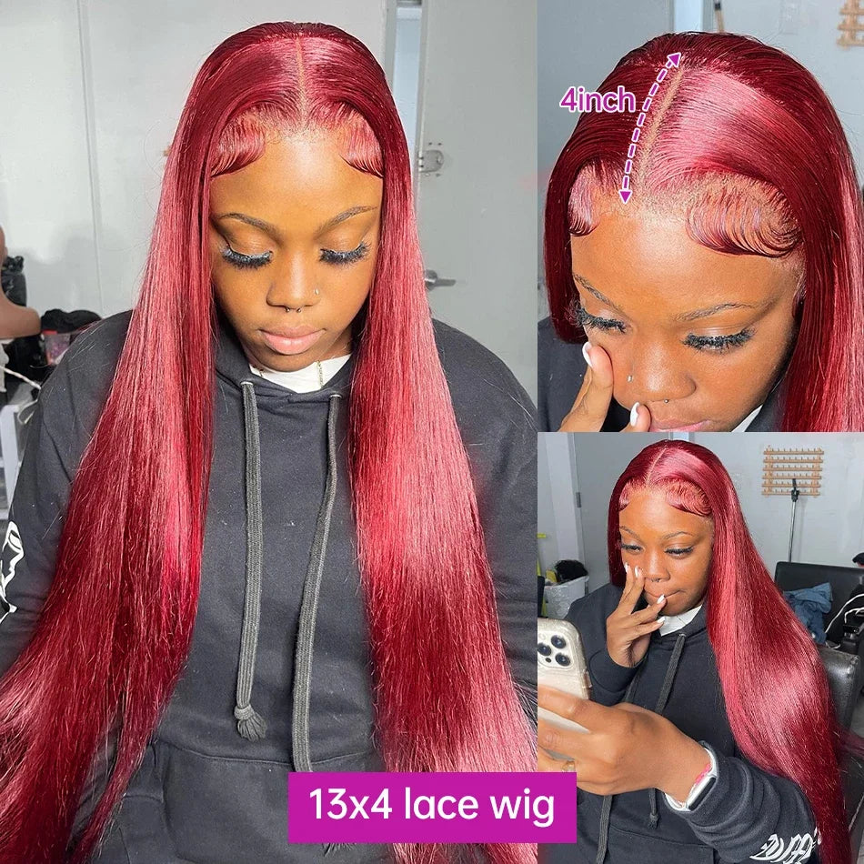 13x4 99j Burgundy Lace Front Wig 13x6 Straight Lace Frontal Wigs HD Transparent Lace Colored 100% Red Human Hair Wigs For Women