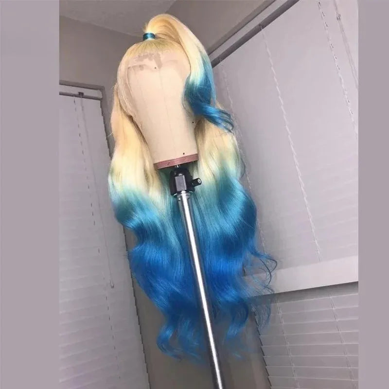 Blue Highlight Ombre Blonde Wig Body Wave Lace Frontal Wigs 13X4 HD Lace Wig Synthetic High Quality Pre Plucked Daily Cosplay