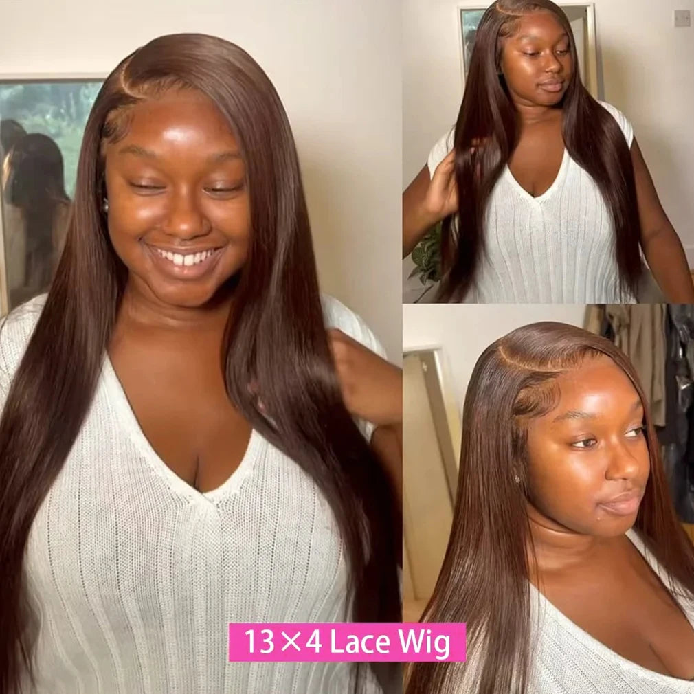 13x6 Chocolate Bone Straight Wig #4 Brown 13x4 Brazilian 200Density Silky HD Lace Frontal Human Hair Wig 38Inch Pre Plucked