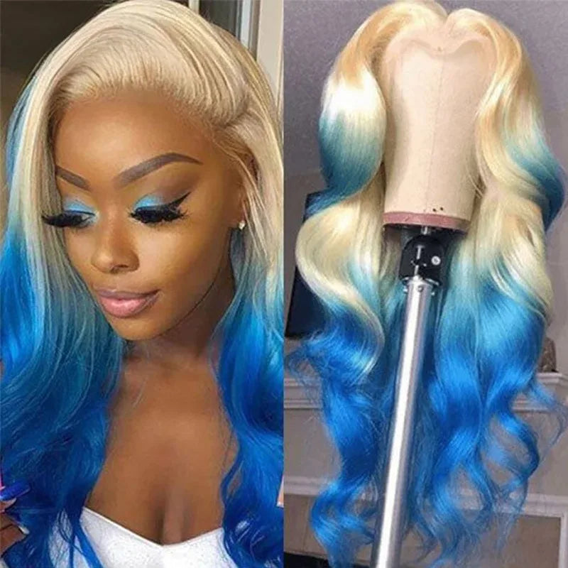 Blue Highlight Ombre Blonde Wig Body Wave Lace Frontal Wigs 13X4 HD Lace Wig Synthetic High Quality Pre Plucked Daily Cosplay