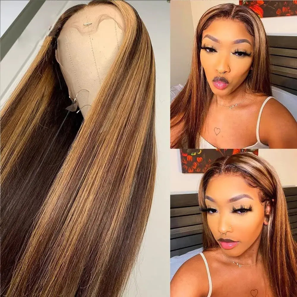 Highlight Invisi-Strap 360 Full Lace Wig Human Hair Pre Plucked Bone Straight 250 Density Highlight Wig HD 360 Lace Frontal Wig
