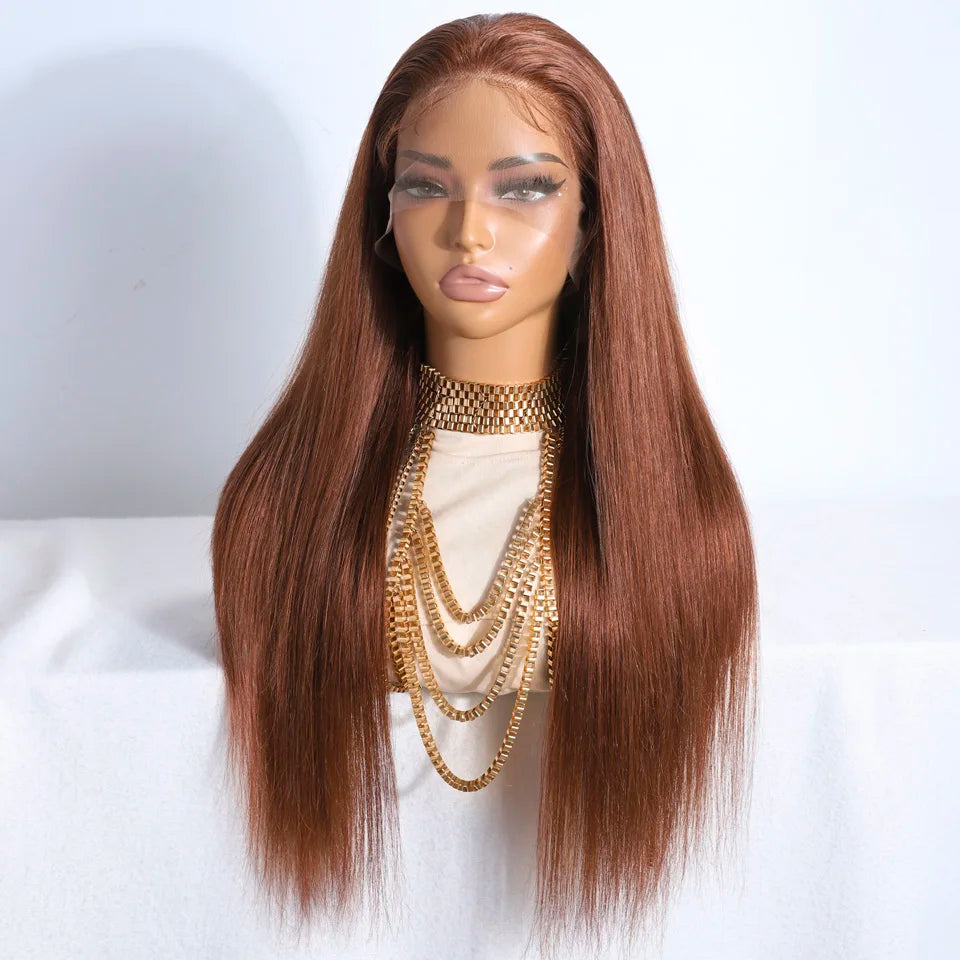 Lekker Clearance Brown Long Straight Lace Frontal Human Hair Wigs For Women Brazilian Remy Hair Pre Plucked Free Part 30" Wigs