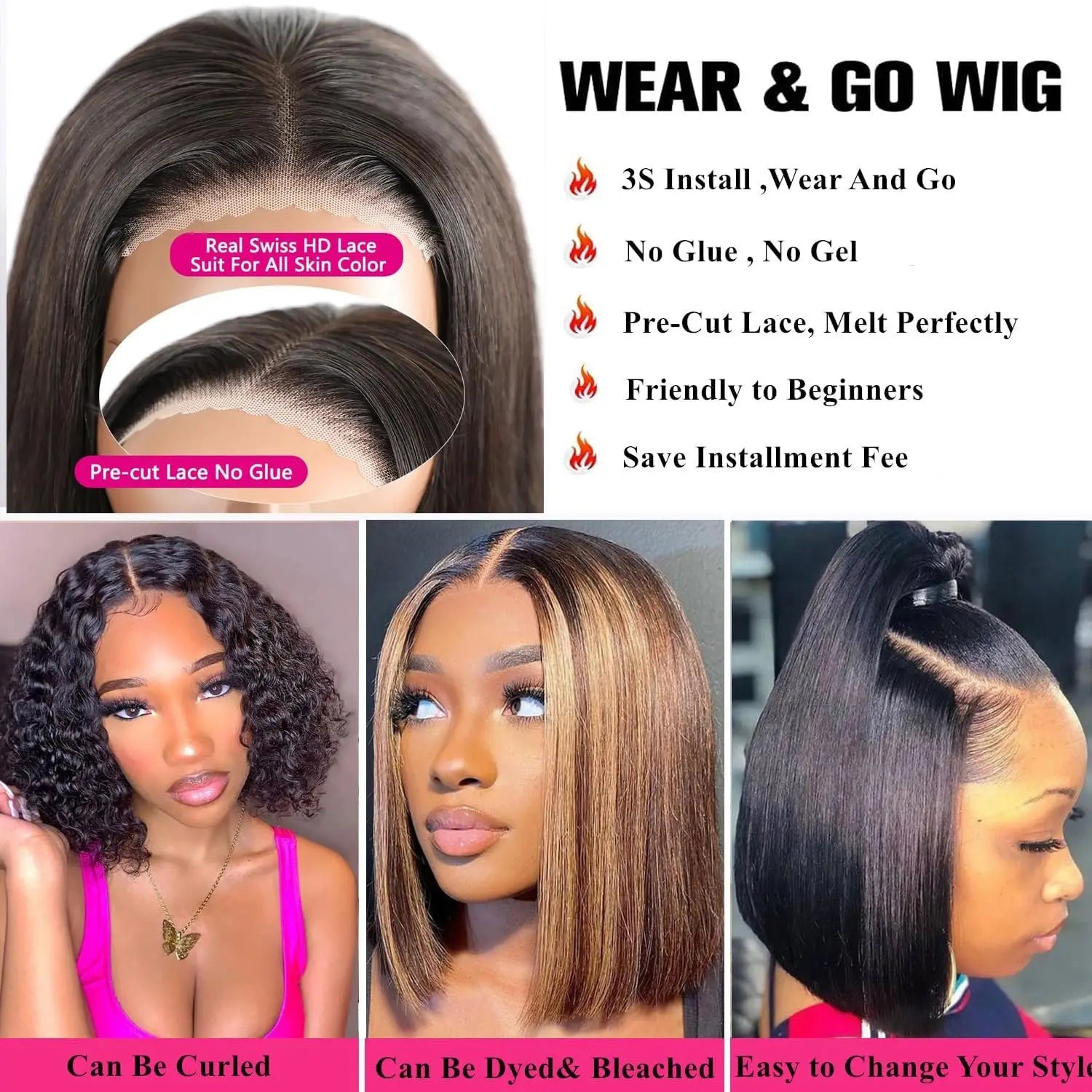 Wear and Go Bob Wig Human Hair Bone Straight 250 Density 13X4 HD Lace Frontal Wigs Pre Plucked Glueless Wig Short Bob Wigs