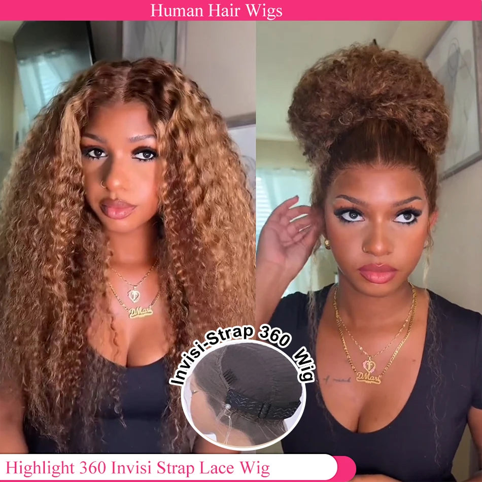 250 Density Highlight Invisible Strap HD 360 Full Lace Wig Glueless Wig Human Hair Deep Curly 360 Lace Front Wig Preplucked