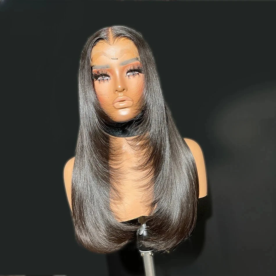 Burgundy Red Bone Straight Layered Cut Lace Front Wig 13x4 HD Lace Frontal Wig Synthetic Glueless Preplucked Ready To Wear