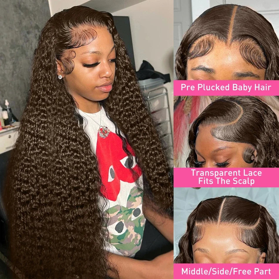 Glueless Chocolate Brown Kinky Curly Lace Front Human Hair Wig Colored 13x6 HD Lace Deep Wave Frontal Wigs For Women Pre Plucked