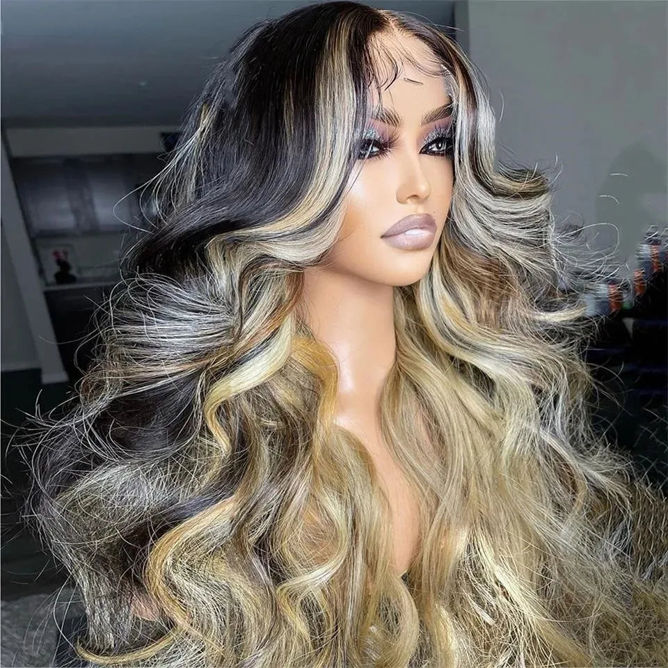Blue Highlight Ombre Blonde Wig Body Wave Lace Frontal Wigs 13X4 HD Lace Wig Synthetic High Quality Pre Plucked Daily Cosplay