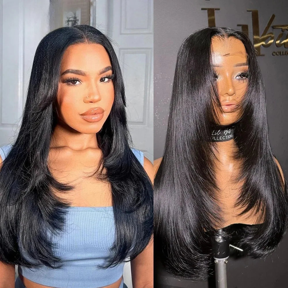 Burgundy Red Bone Straight Layered Cut Lace Front Wig 13x4 HD Lace Frontal Wig Synthetic Glueless Preplucked Ready To Wear