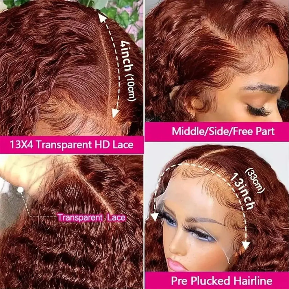 13x4 Reddish Brown Deep Wave Frontal Wig 13x6 HD Lace Front Human Hair Wigs For Women Deep Curly Human Hair Wig 4x4 Closure Wig