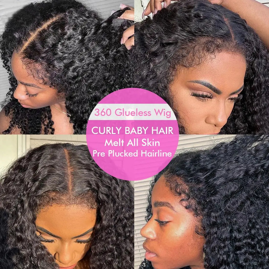4C Edges Kinky Curly Invisible Strap 360 Full Lace Front Wigs HD 360 Lace Frontal Glueless Wigs Human Hair with Curly Baby Hair