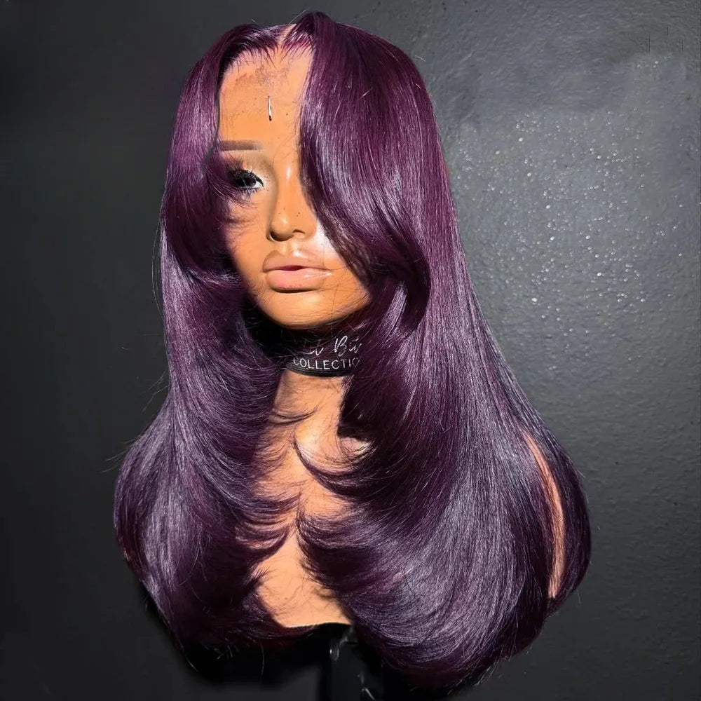 Burgundy Red Bone Straight Layered Cut Lace Front Wig 13x4 HD Lace Frontal Wig Synthetic Glueless Preplucked Ready To Wear