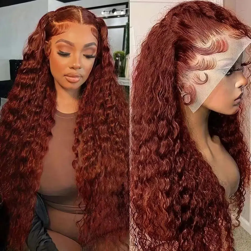 13x4 Reddish Brown Deep Wave Frontal Wig 13x6 HD Lace Front Human Hair Wigs For Women Deep Curly Human Hair Wig 4x4 Closure Wig