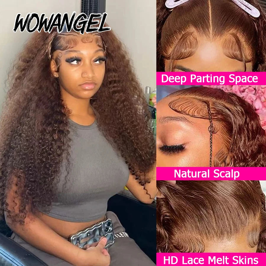250% Chocolate Brown 4# Curly Lace Front Wig Water Wave 13x6 HD Lace Frontal Wig Human Hair Pre Plucked Glueless Wig For Women