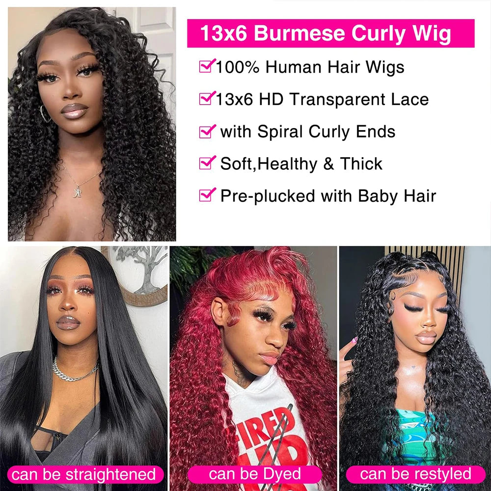Burmese Curly Hair Wig HD 13x6 Lace Wig Human Hair Preplucked Burmese Curly Glueless Wig Ready to Wear 13x4 Lace Front Wigs