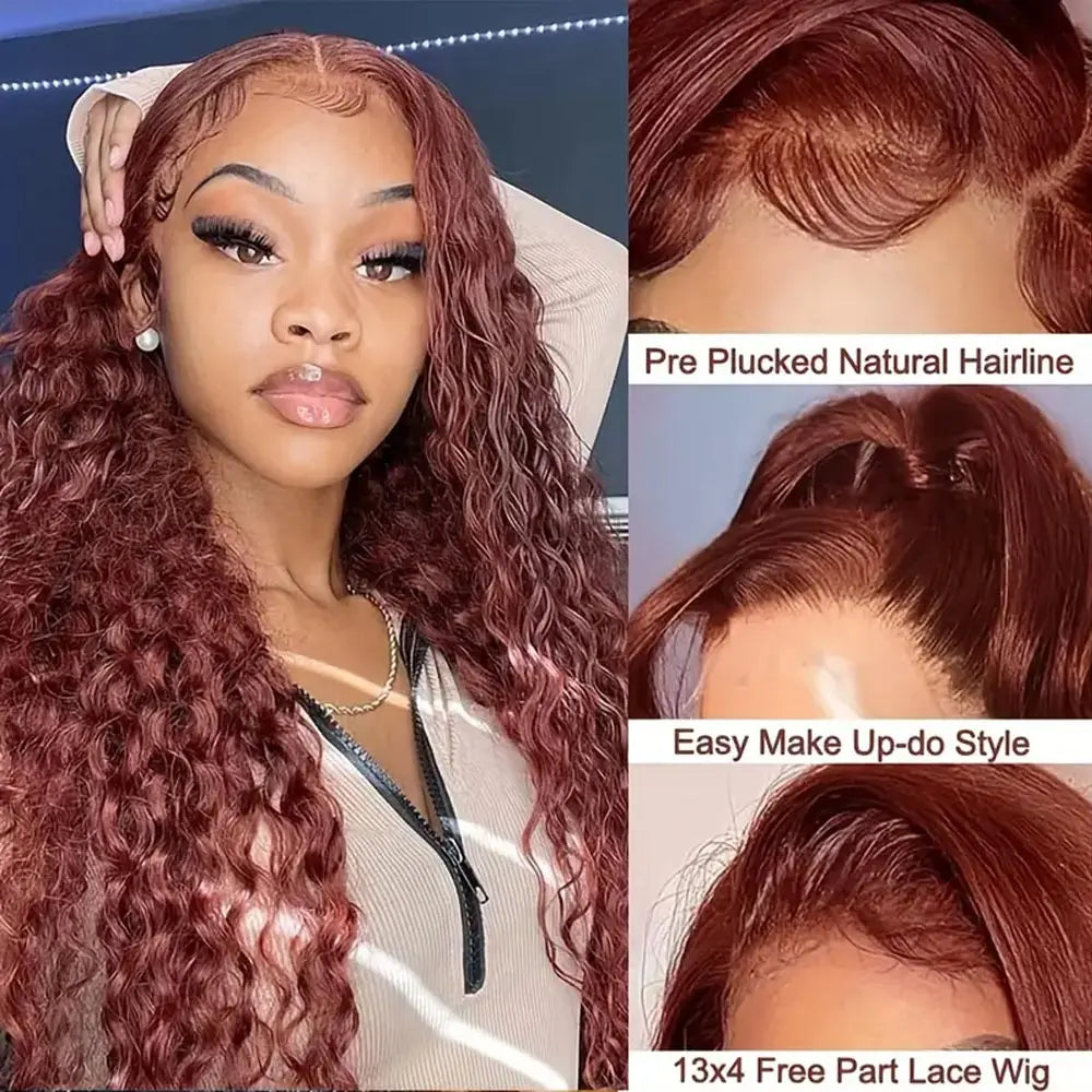 13x4 Reddish Brown Deep Wave Frontal Wig 13x6 HD Lace Front Human Hair Wigs For Women Deep Curly Human Hair Wig 4x4 Closure Wig
