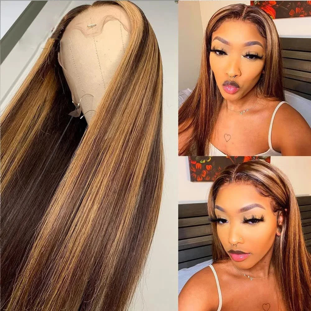 Highlight Invisi-Strap 360 Full Lace Wig Human Hair Pre Plucked Bone Straight 250 Density Highlight Wig HD 360 Lace Frontal Wig