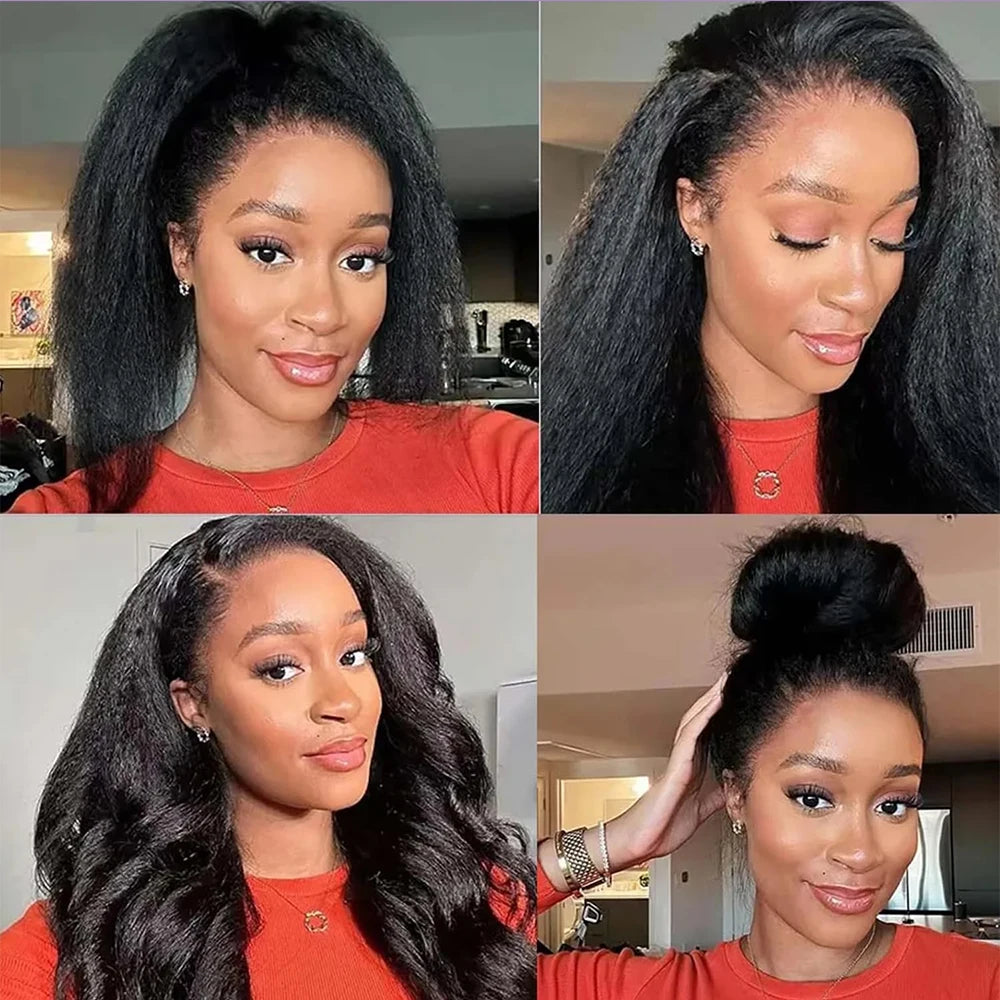 Kinky Straight Half Wig Human Hair Glueless Wig Human Hair Ready to Wear 3 IN 1 Half Wig With Drawstring 250 Density Half Wig
