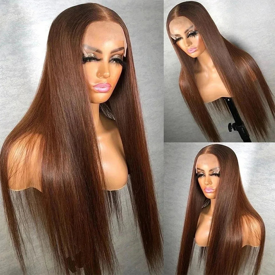 13x6 Chocolate Bone Straight Wig #4 Brown 13x4 Brazilian 200Density Silky HD Lace Frontal Human Hair Wig 38Inch Pre Plucked