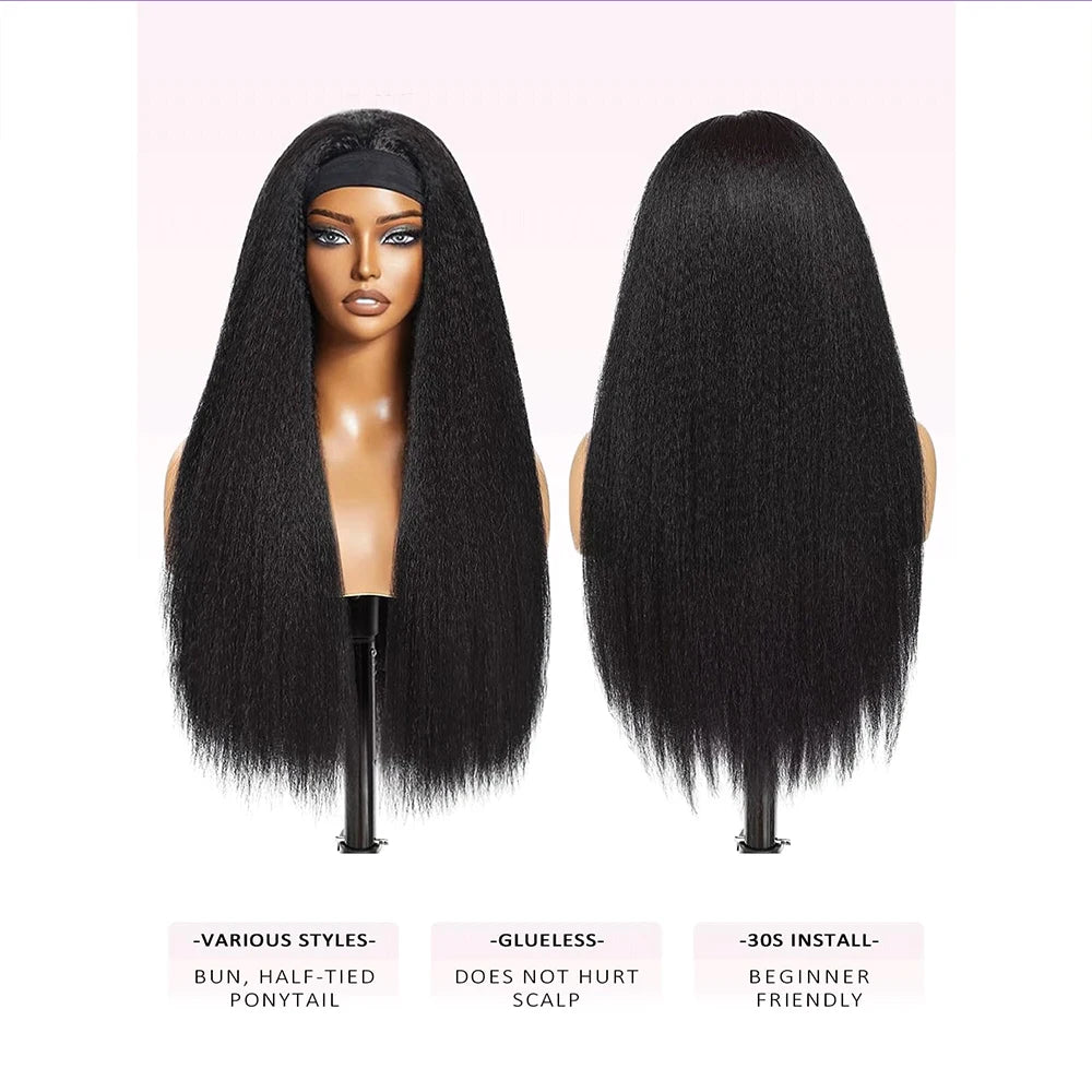 Kinky Straight Headband Wigs Human Hair Pull & Go 250 Density Half Wigs Human Hair Yaki Headband Glueless Wigs Human Hair Wig