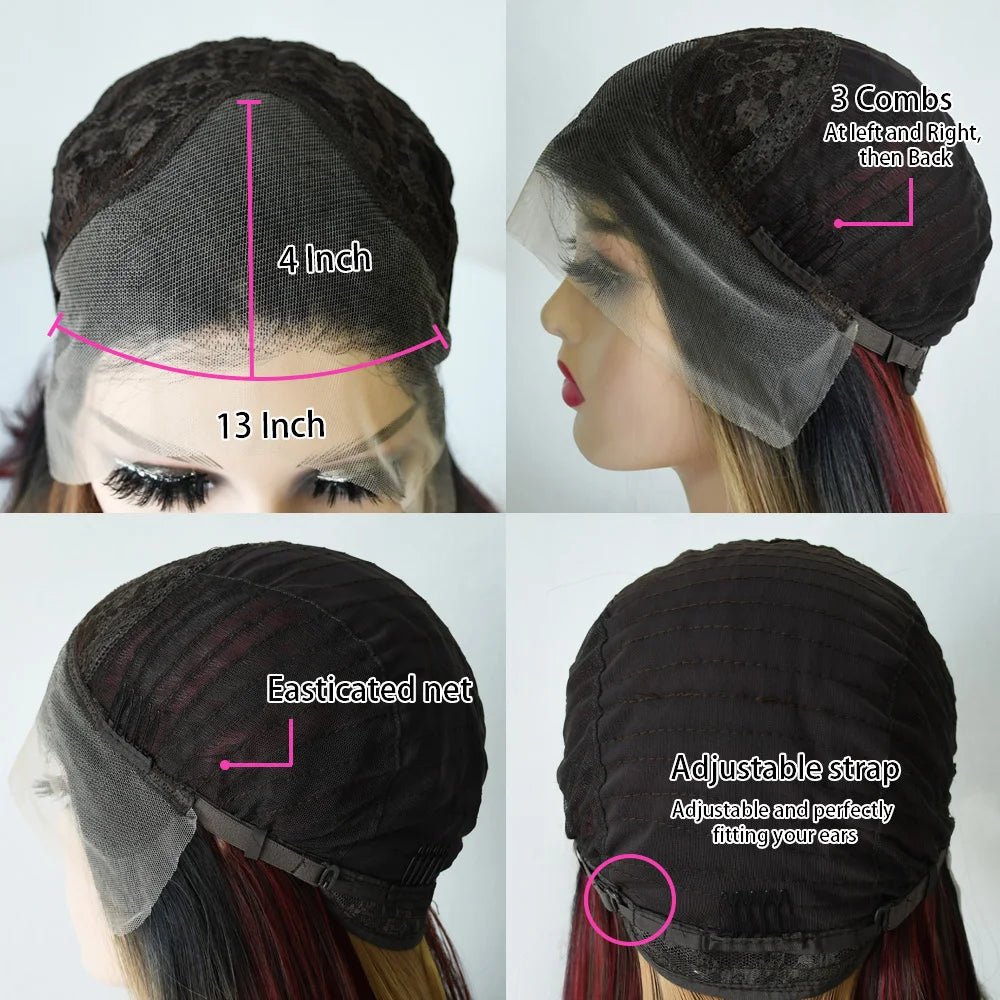 Burgundy Red Bone Straight Layered Cut Lace Front Wig 13x4 HD Lace Frontal Wig Synthetic Glueless Preplucked Ready To Wear