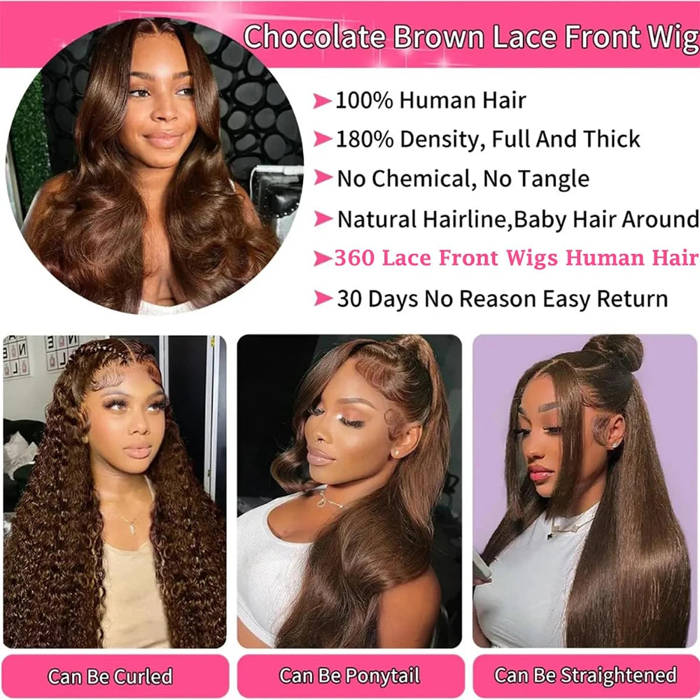 Brown HD Invisi-Strap 360 Full Lace Wig Pre Plucked Chocolate Brown 250 Density Body Wave 360 Lace Frontal Wigs For Black Women