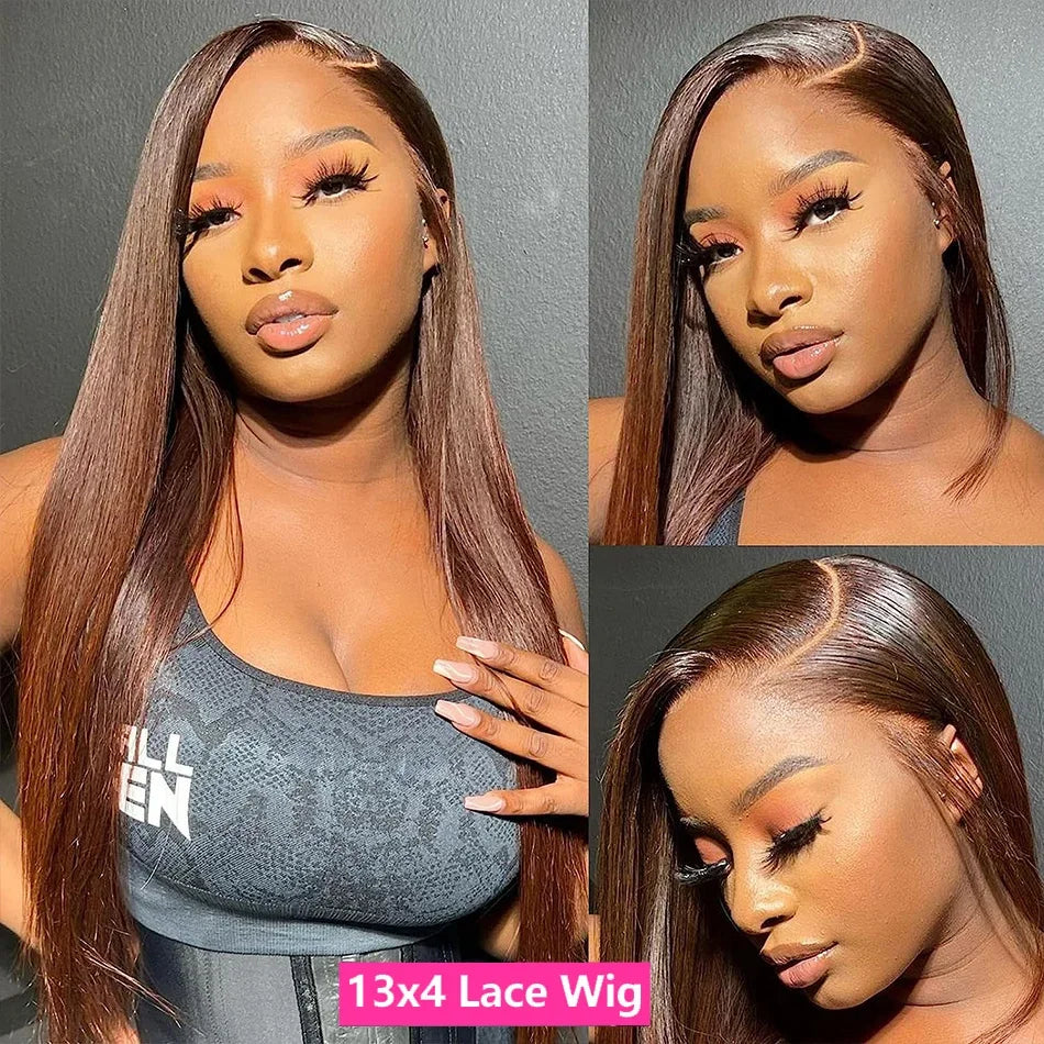 250% 360 Full Lace 13x6 HD Lace Frontal Wig 13x4 Front Silky Straight Remy Human Hair Dark Chocolate Brown Pre Plucked Glueless
