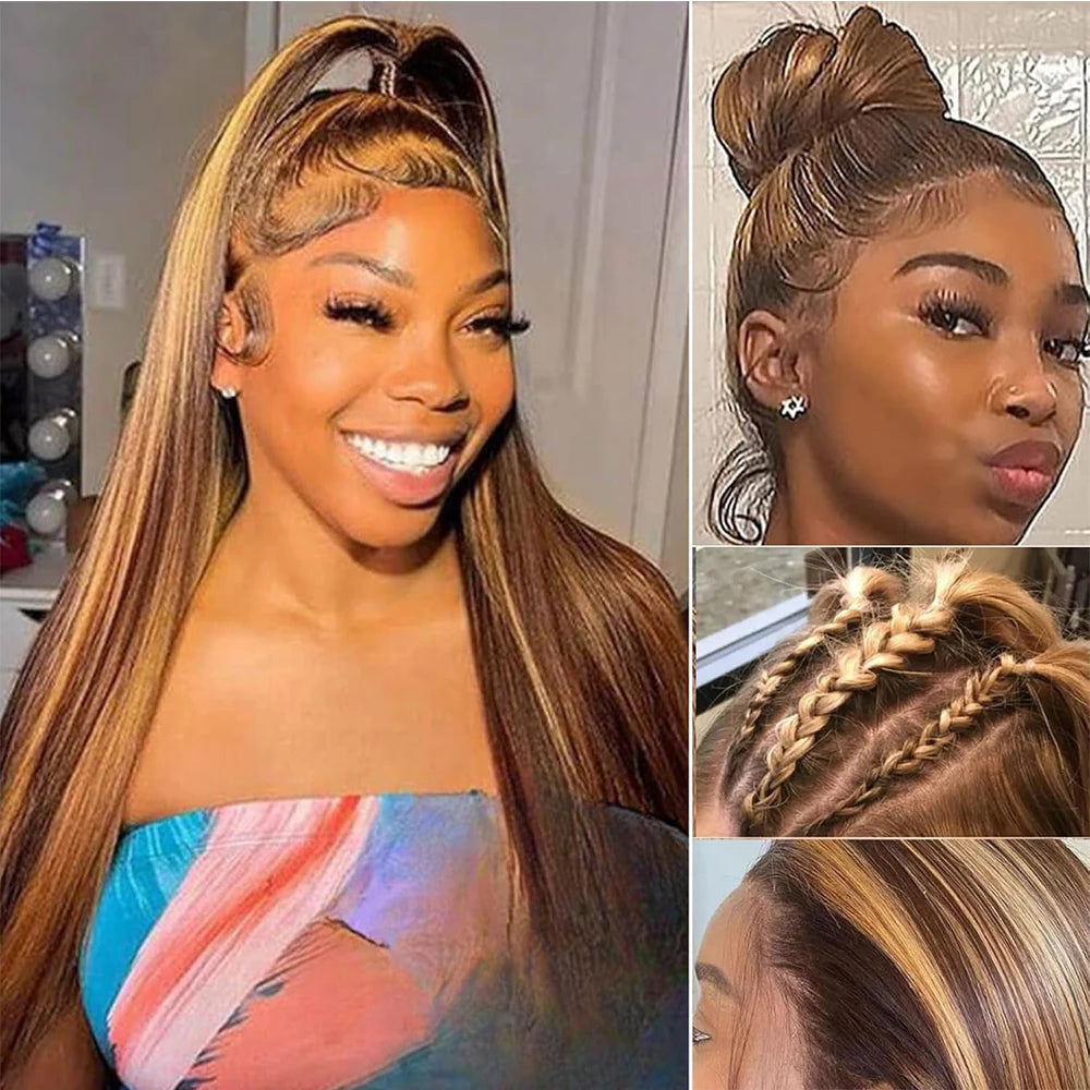 Highlight Invisi-Strap 360 Full Lace Wig Human Hair Pre Plucked Bone Straight 250 Density Highlight Wig HD 360 Lace Frontal Wig