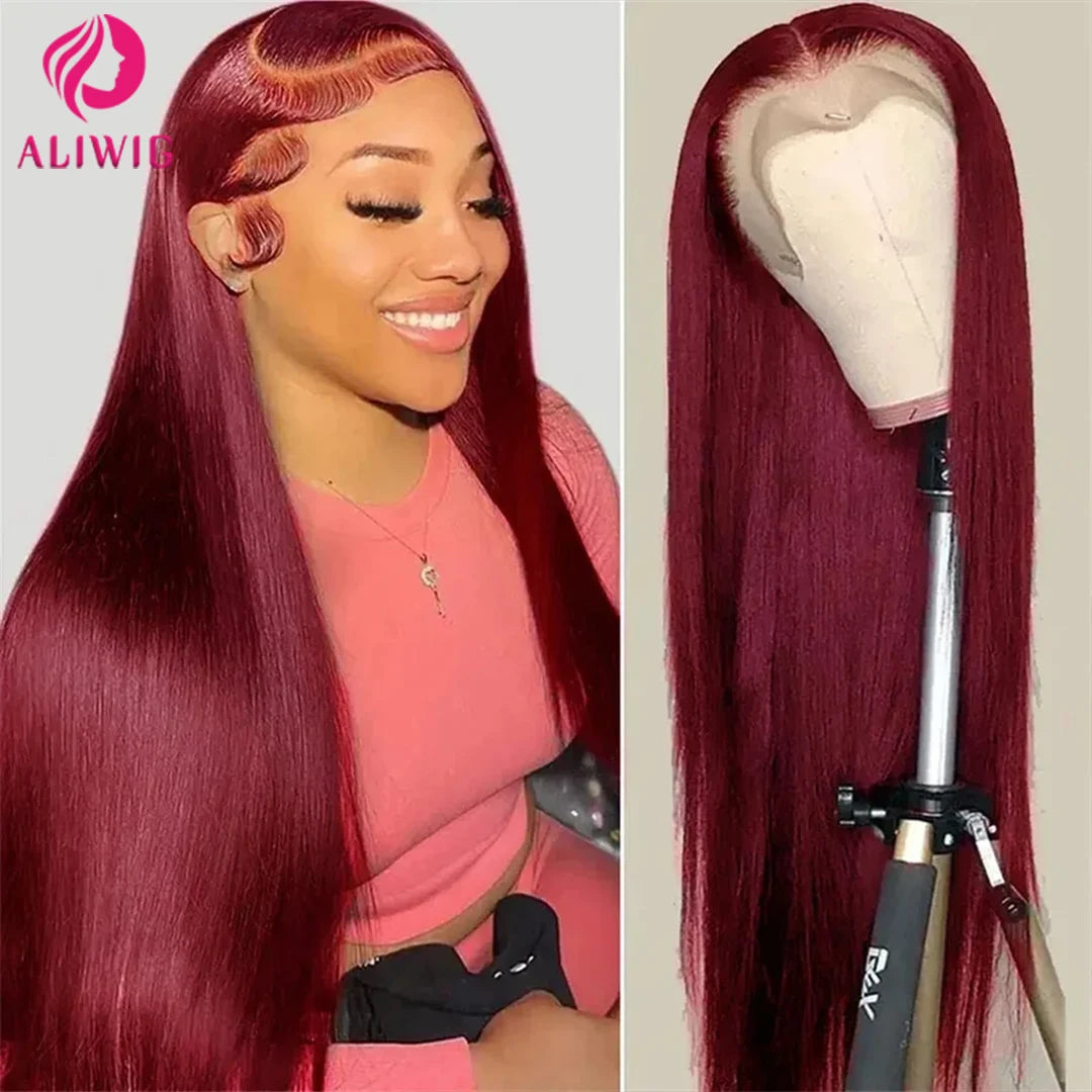 13x4 99j Burgundy Lace Front Wig 13x6 Straight Lace Frontal Wigs HD Transparent Lace Colored 100% Red Human Hair Wigs For Women