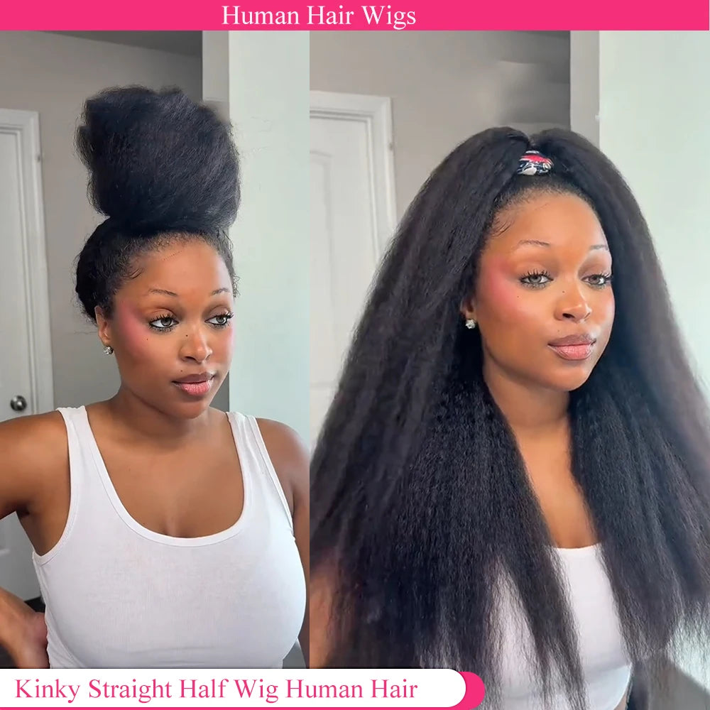 Kinky Straight 3 IN1 Half Wigs Human Hair Pull & Go Real Glueless Half Wigs Human Hair Curly 36 Inches Half Wigs Human Hair