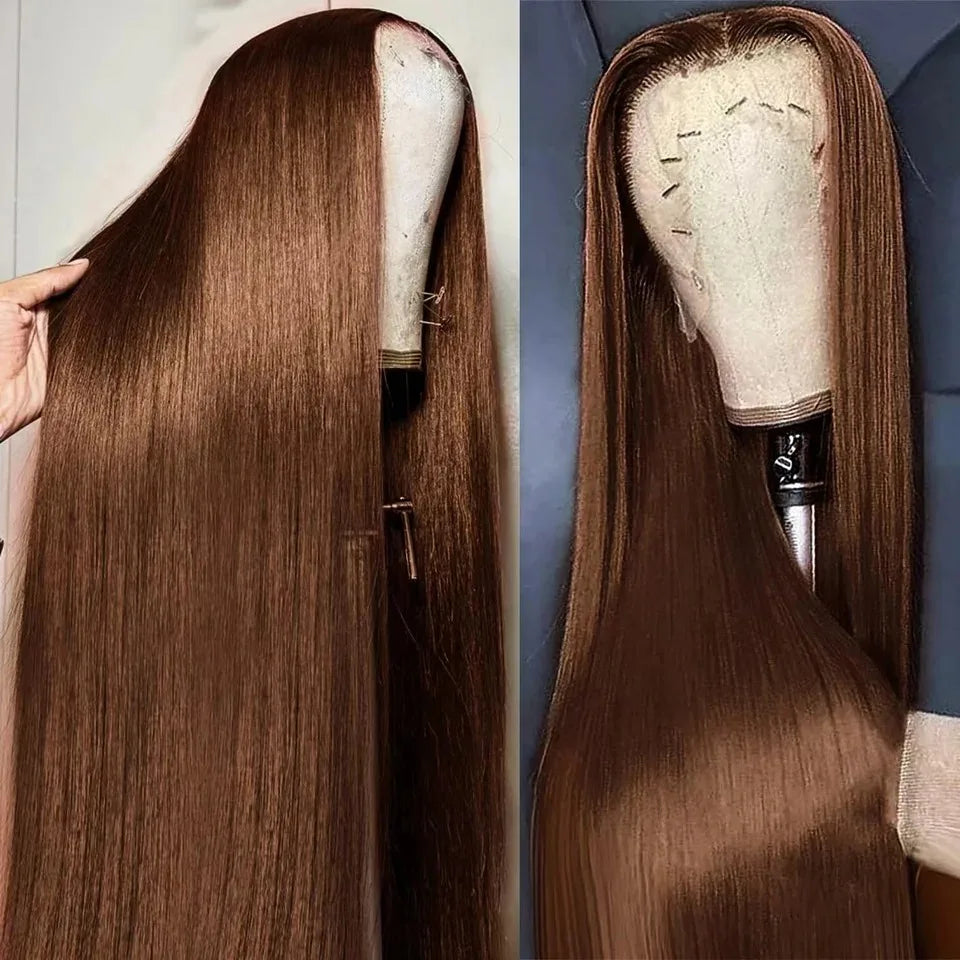 13x6 Chocolate Bone Straight Wig #4 Brown 13x4 Brazilian 200Density Silky HD Lace Frontal Human Hair Wig 38Inch Pre Plucked