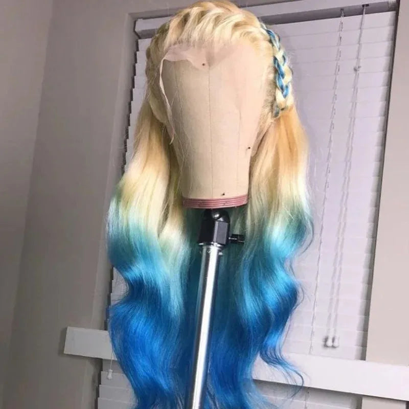 Blue Highlight Ombre Blonde Wig Body Wave Lace Frontal Wigs 13X4 HD Lace Wig Synthetic High Quality Pre Plucked Daily Cosplay