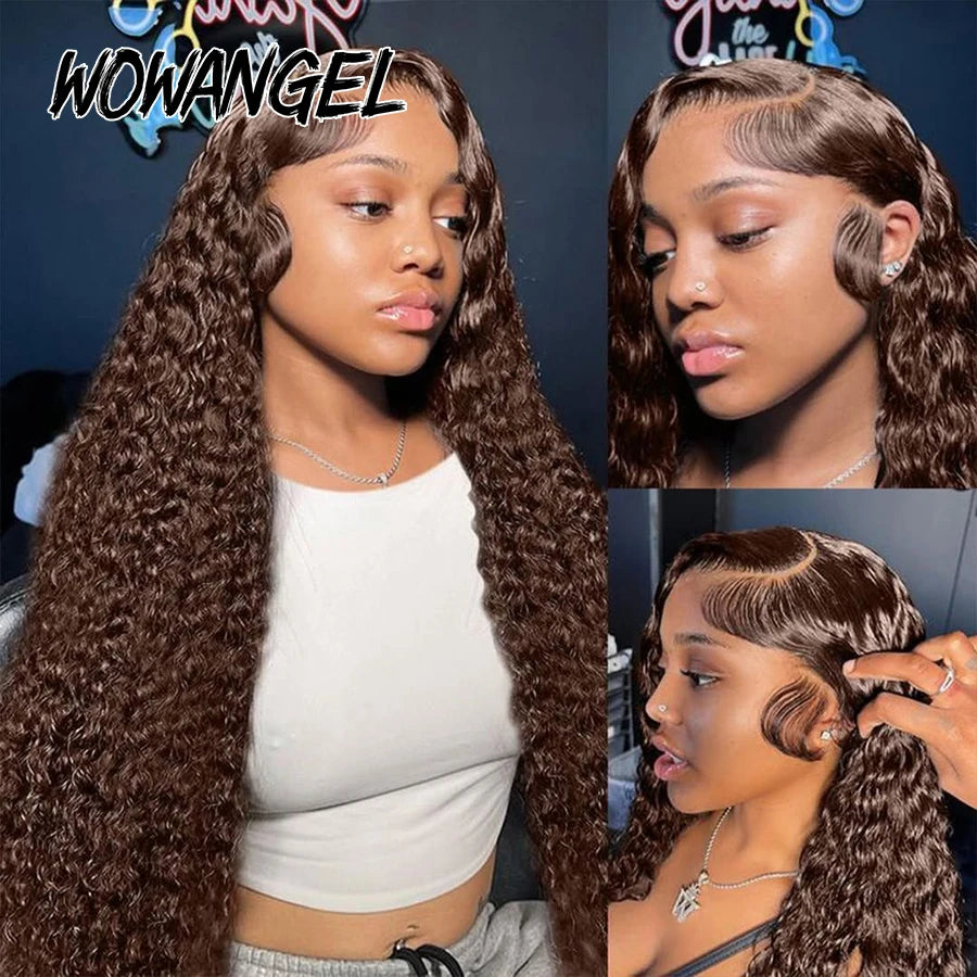 250% Chocolate Brown 4# Curly Lace Front Wig Water Wave 13x6 HD Lace Frontal Wig Human Hair Pre Plucked Glueless Wig For Women