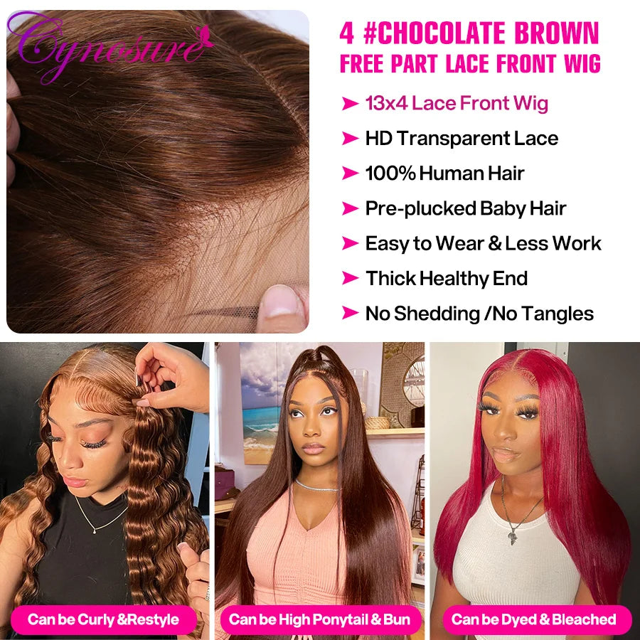 Cynosure Hair 13x4 Chocolate Brown Straight Lace Front Wigs Hd Transparent Lace Frontal Wig Colored Human Hair Wigs For Women