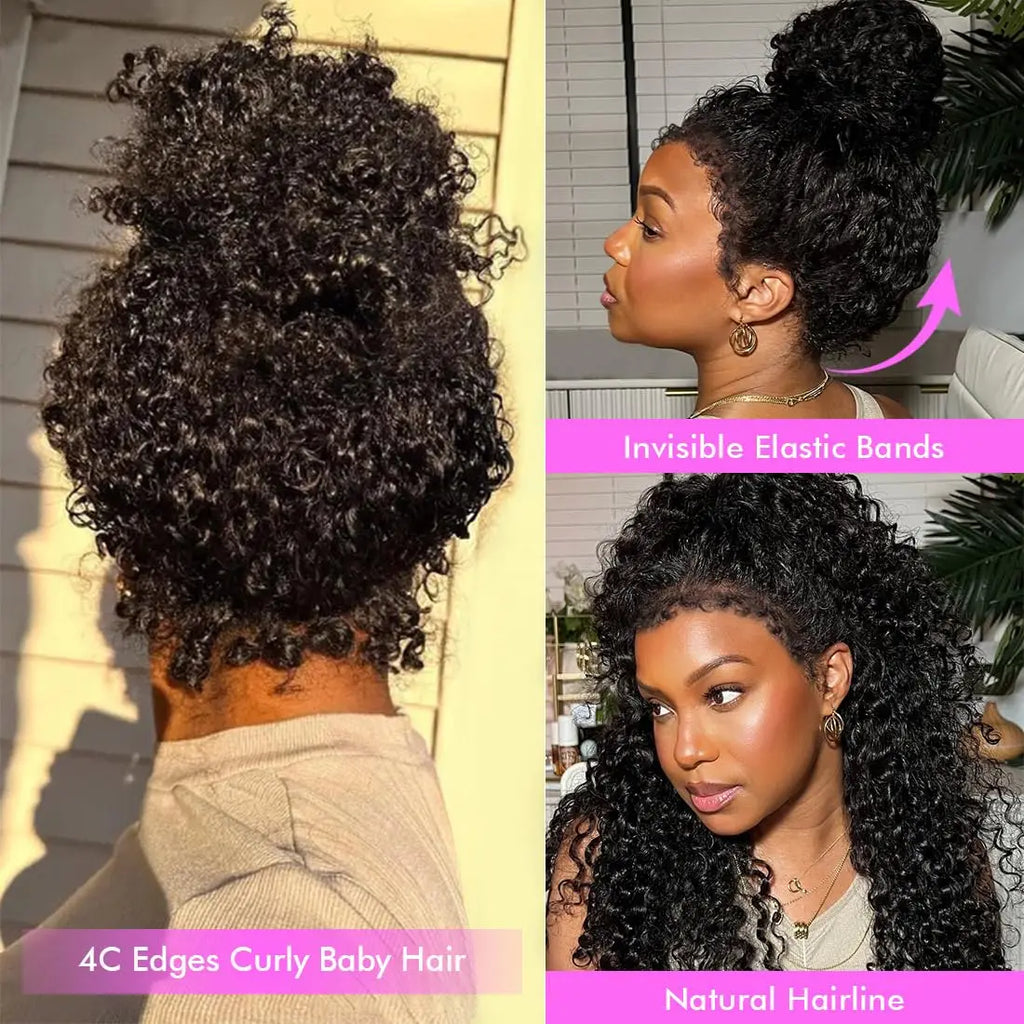4C Edges Kinky Curly Invisible Strap 360 Full Lace Front Wigs HD 360 Lace Frontal Glueless Wigs Human Hair with Curly Baby Hair