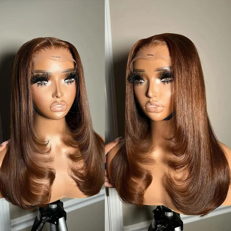 Burgundy Red Bone Straight Layered Cut Lace Front Wig 13x4 HD Lace Frontal Wig Synthetic Glueless Preplucked Ready To Wear
