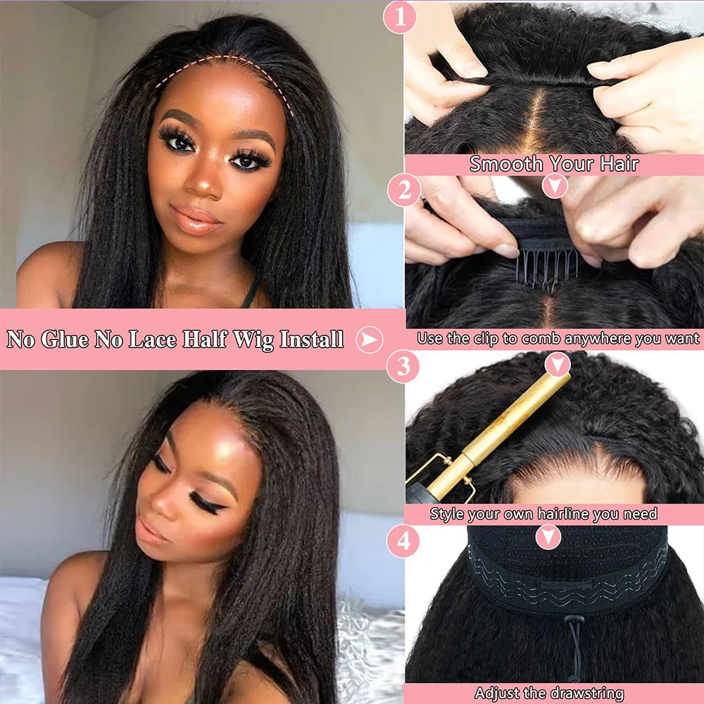 Kinky Straight Half Wig Human Hair Glueless Wig Human Hair Ready to Wear 3 IN 1 Half Wig With Drawstring 250 Density Half Wig